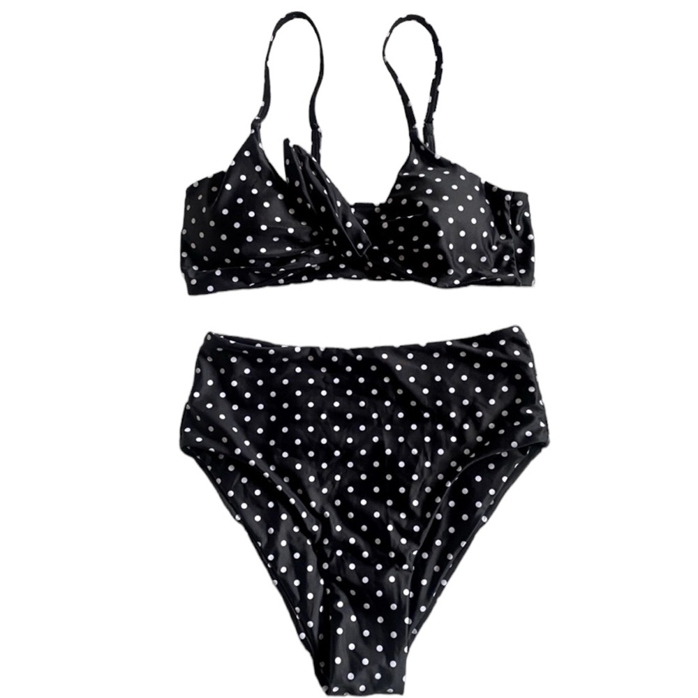 Polka dot bikini high waist high cut sides swimwear black white size Small NWT.